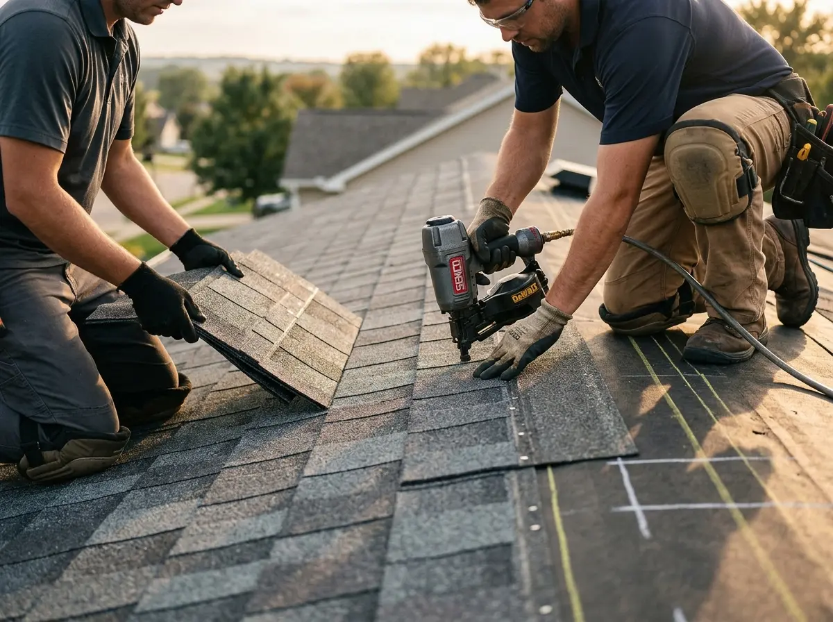 Professional roofer working on a residential roof in Missoula